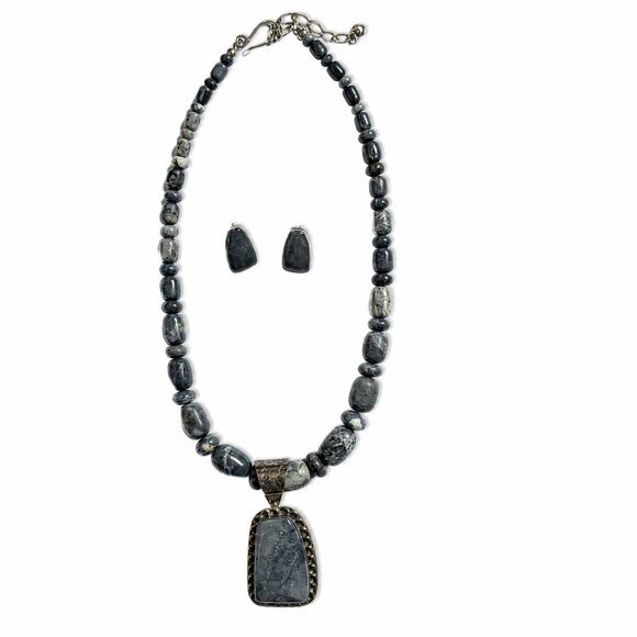 Jay King Jewelry - Jay King Gray Jasper Sterling Silver Necklace Earrings Set 925 Pendant